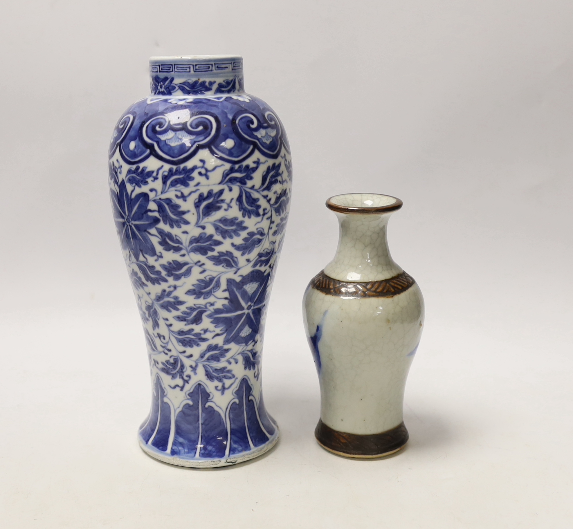 Two Chinese blue and white vases c. 1900, largest 23cm high